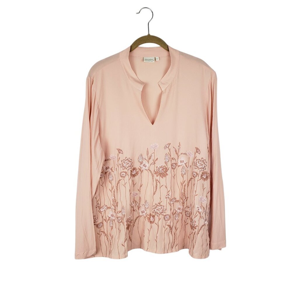 Spartina 449 Nicolette Embroidered Tunic Top Peach Floral Long Sleeve Size XL